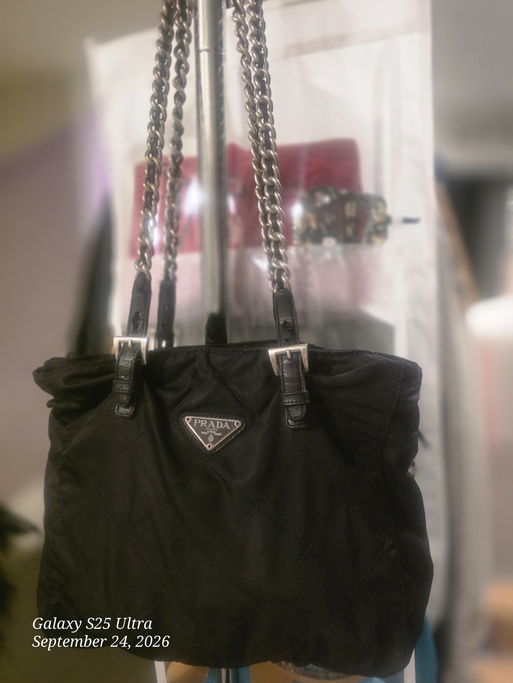 Prada Black Quilted Nylon Shoulder Bag with Chain Straps